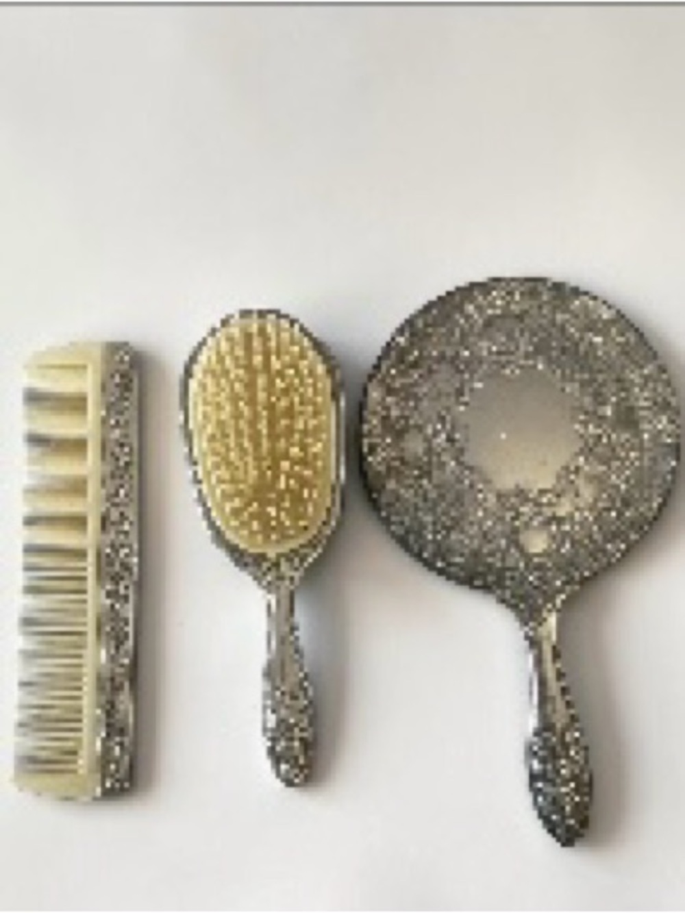 Vintage-Style Silver Hand Mirror, Brush & Comb Set - Silver and Ivory